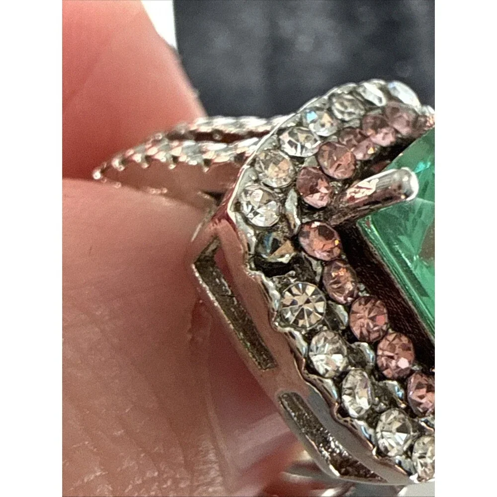S925 Sterling Silver Emerald Green Halo Statement Ring Pink Clear Size 7